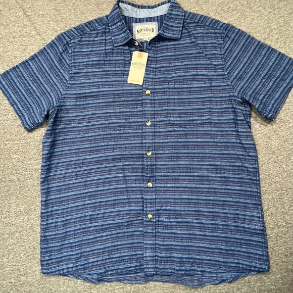 NWT North River Men's Stripe Shirt Short Sleeve Button Down Western/Work in Blue - Picture 1 of 11